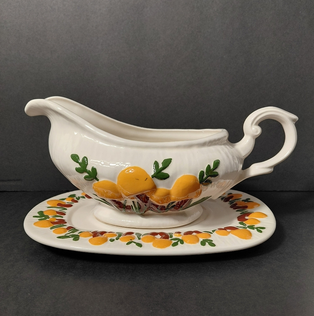 Vtg. Arnel's Mushroom Gravy Boat Handmade Ceramic Saucer
